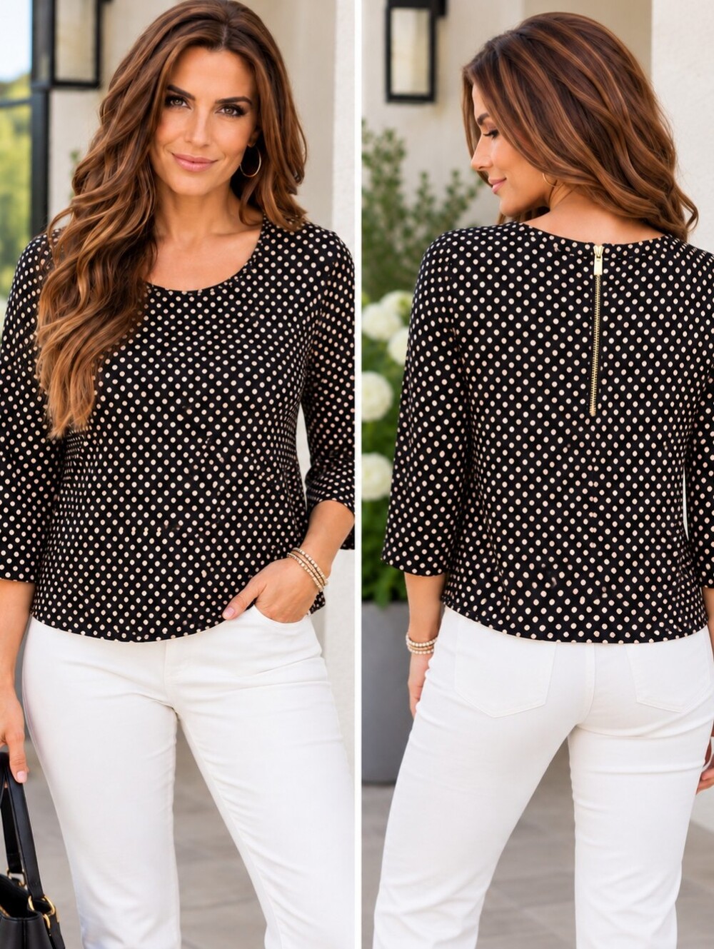 Chico's Polka Dot Knit 3/4 Sleeve Top Size 2 (12) Black Tan Back Zipper Stretch